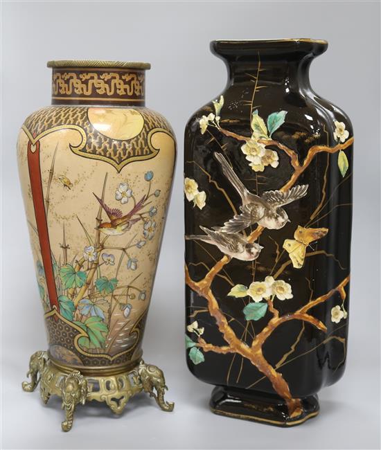 A French pottery brass mounted vase, a Victorian lustre vase and a blue vase painted with birds on branches (3) tallest 46.5cm